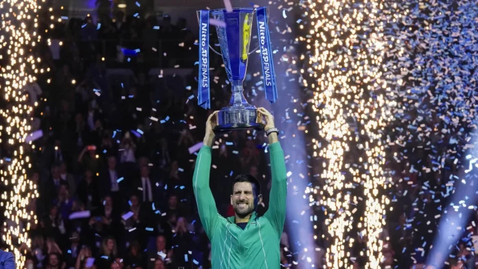 Djokovic celebrates winning the ATP final in Turin.